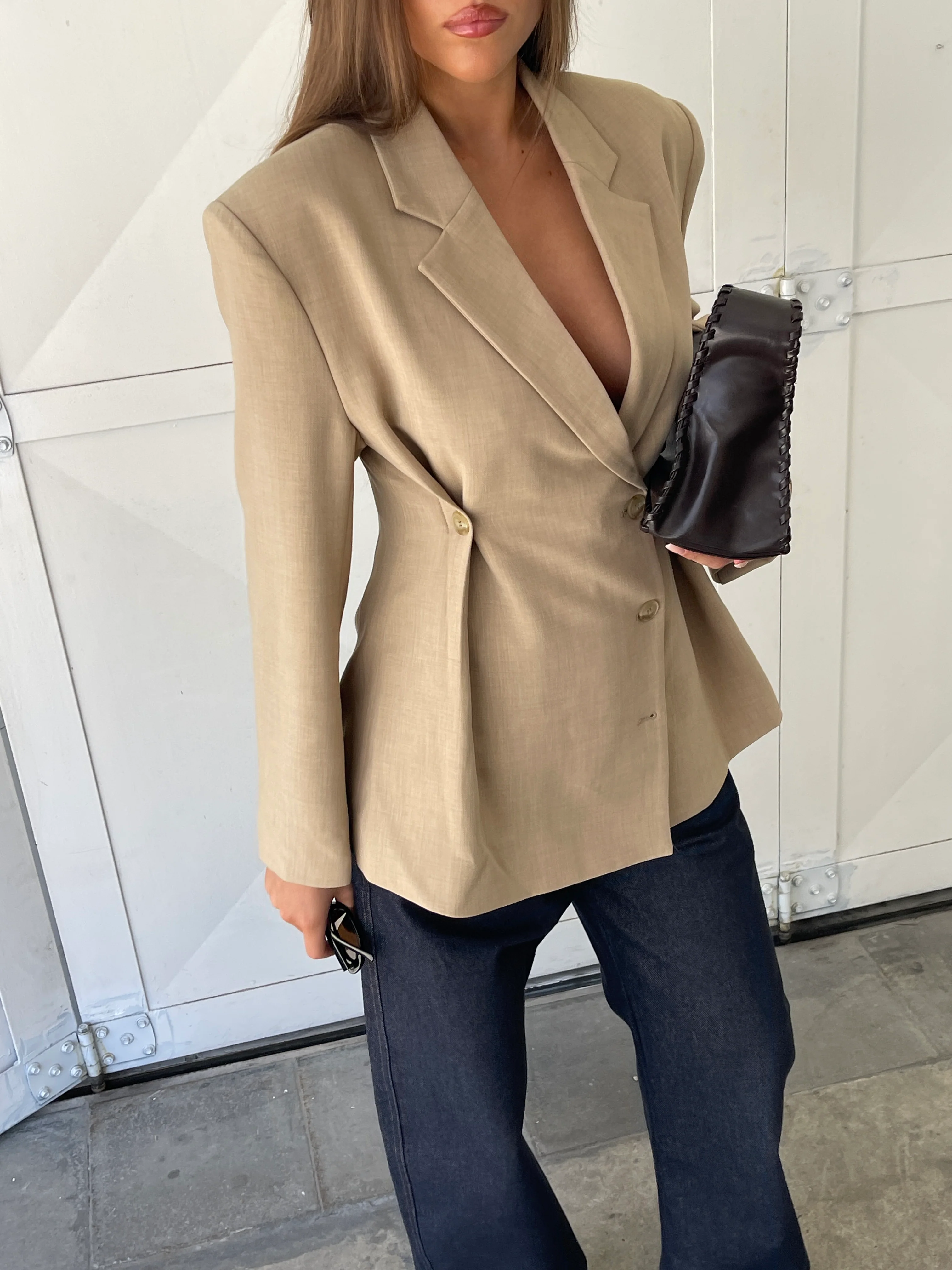 Cinched Waist Blazer Sand - Image 15