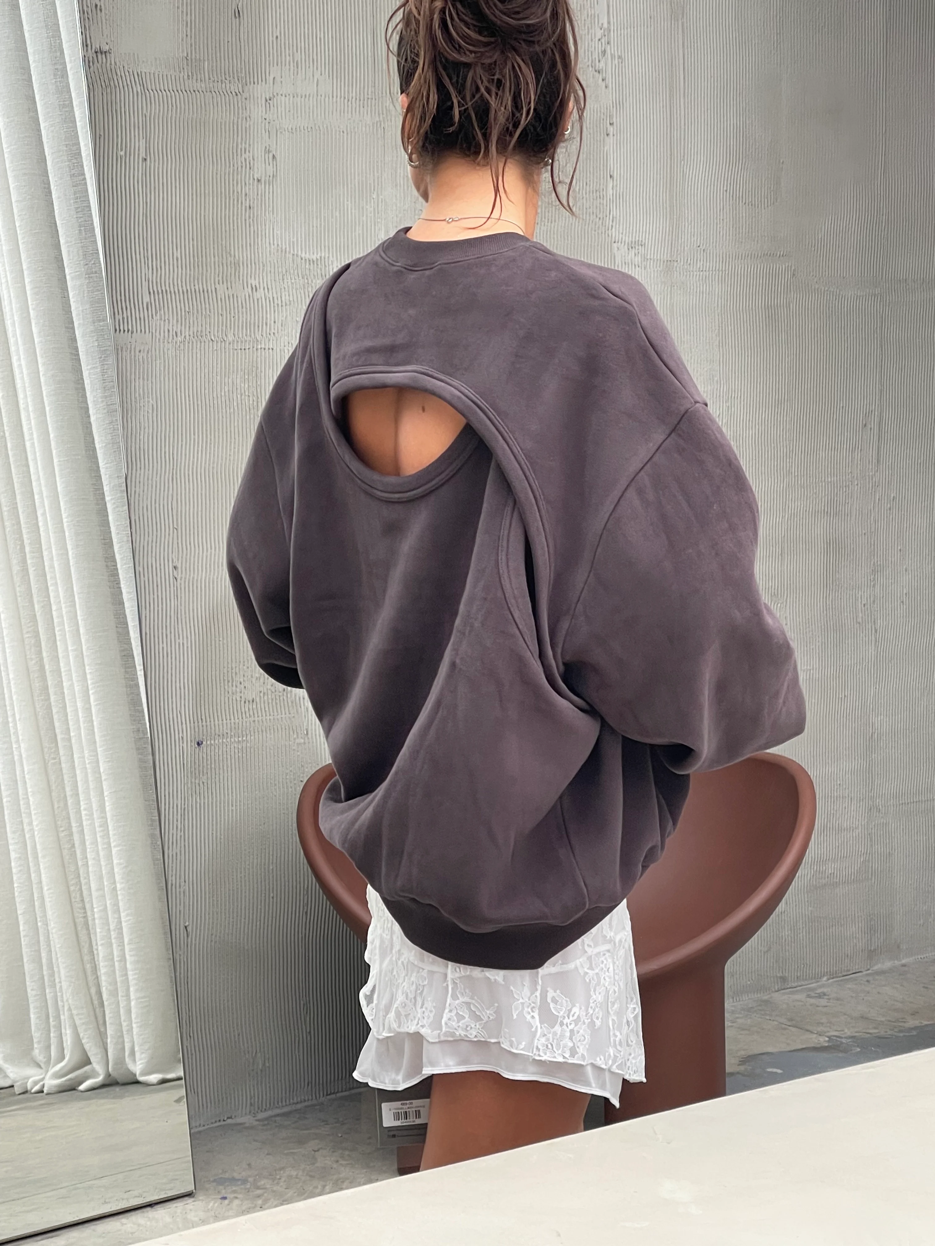 Open Back Overlay Fleeced Sweater Charcoal - Image 4
