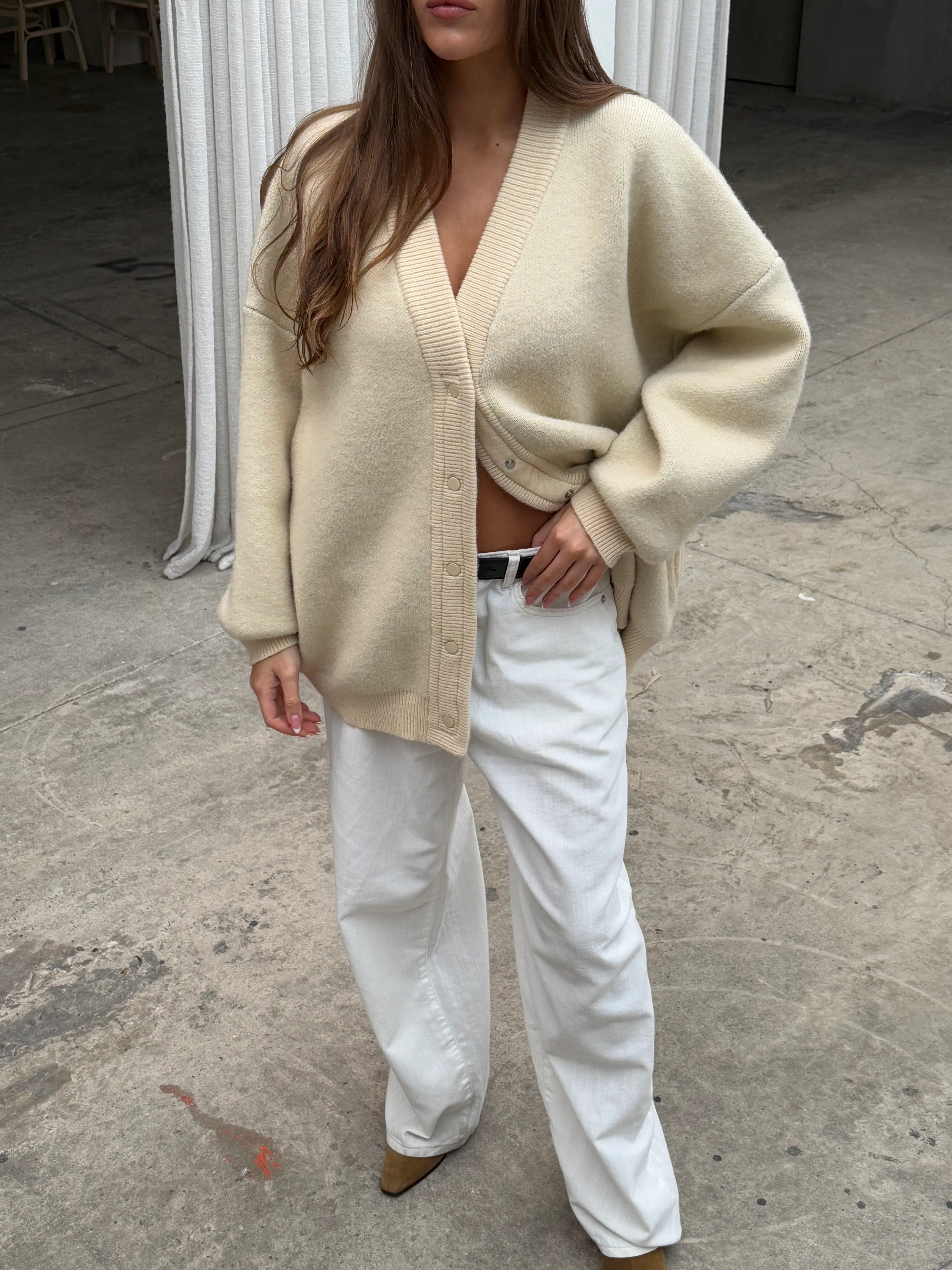Oversized Press Button Cardigan Cream - Image 10
