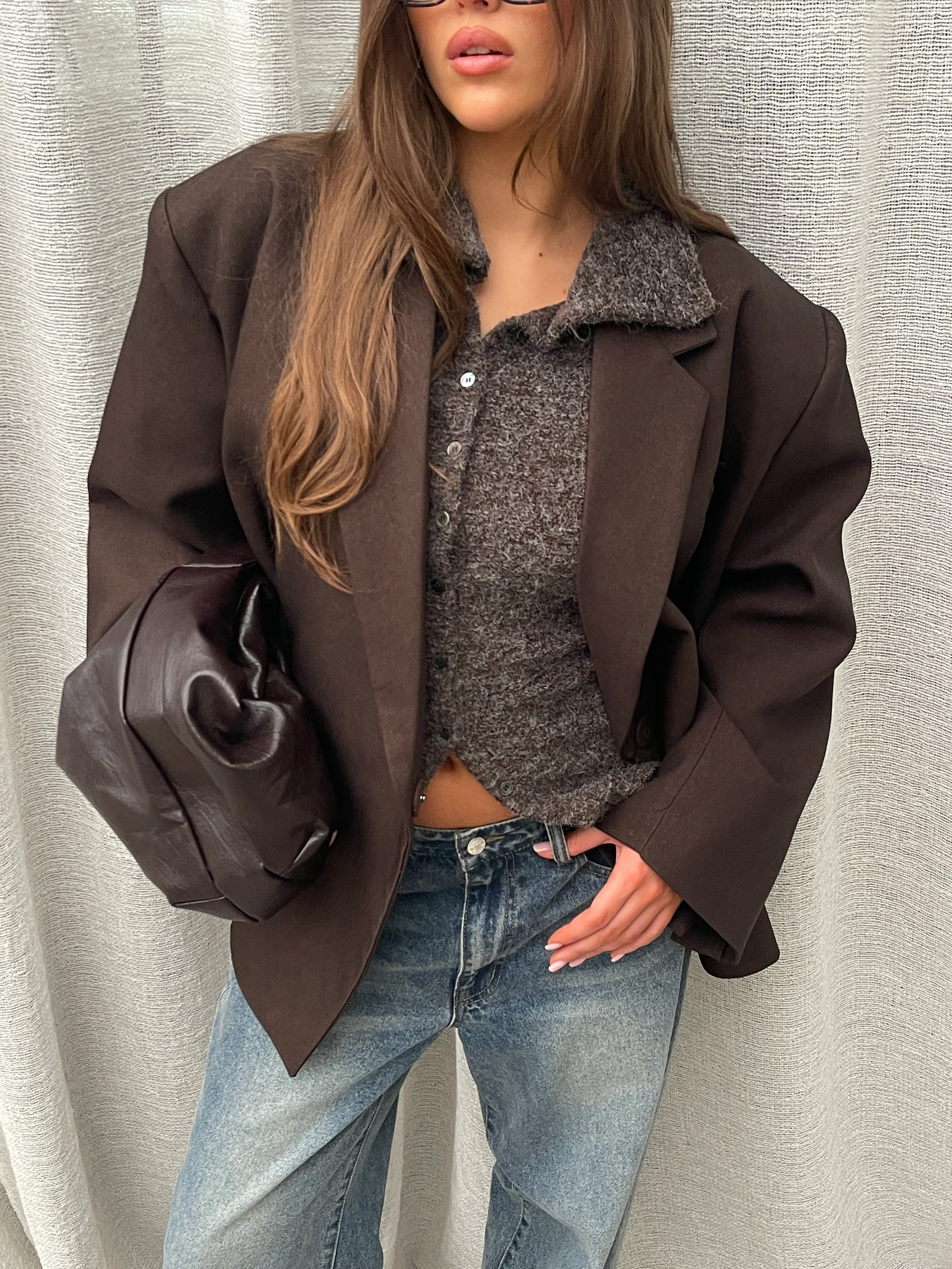 Oversized Side Slit Blazer Dark Brown - Image 13