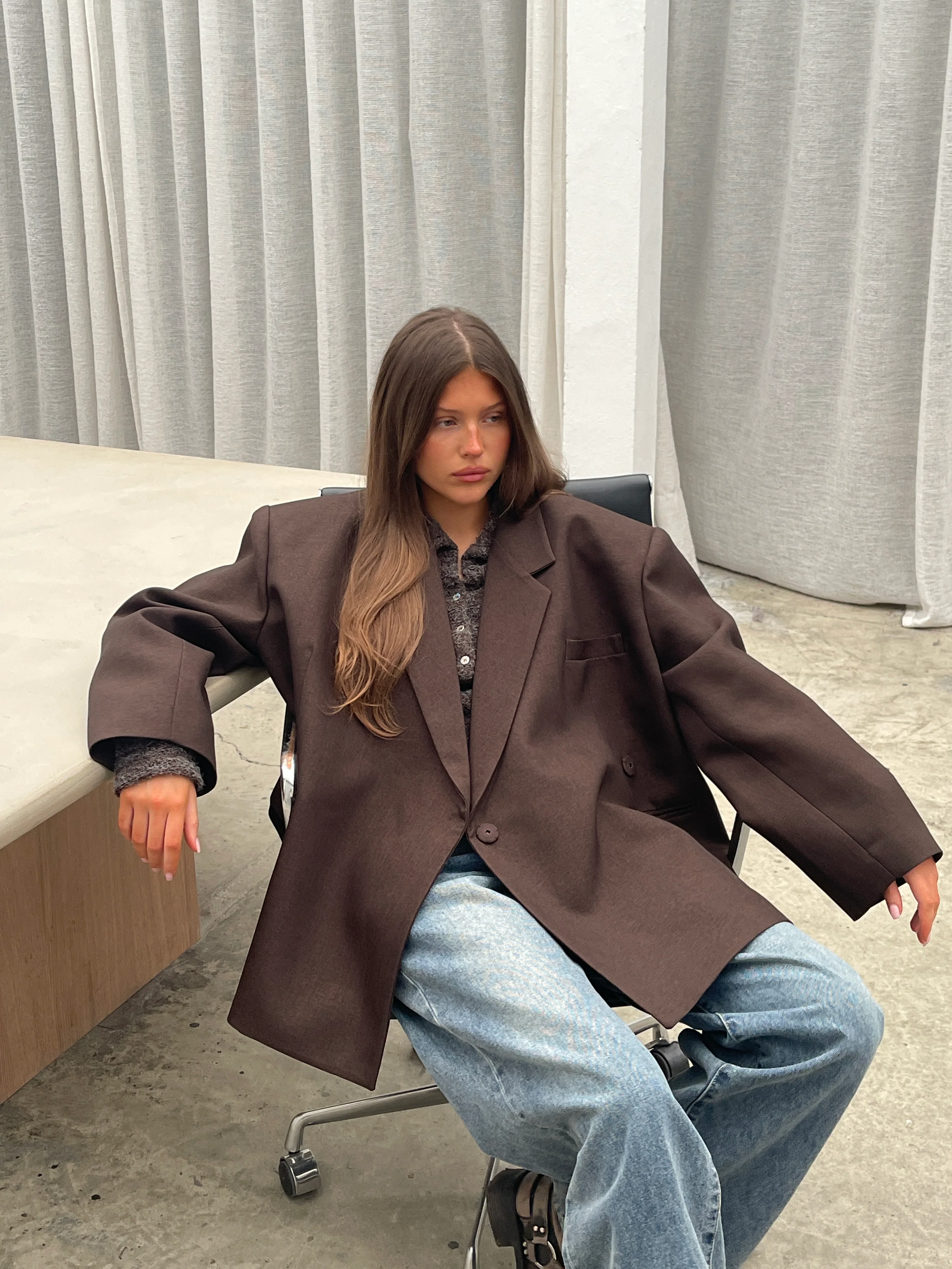 Oversized Side Slit Blazer Dark Brown - Image 15