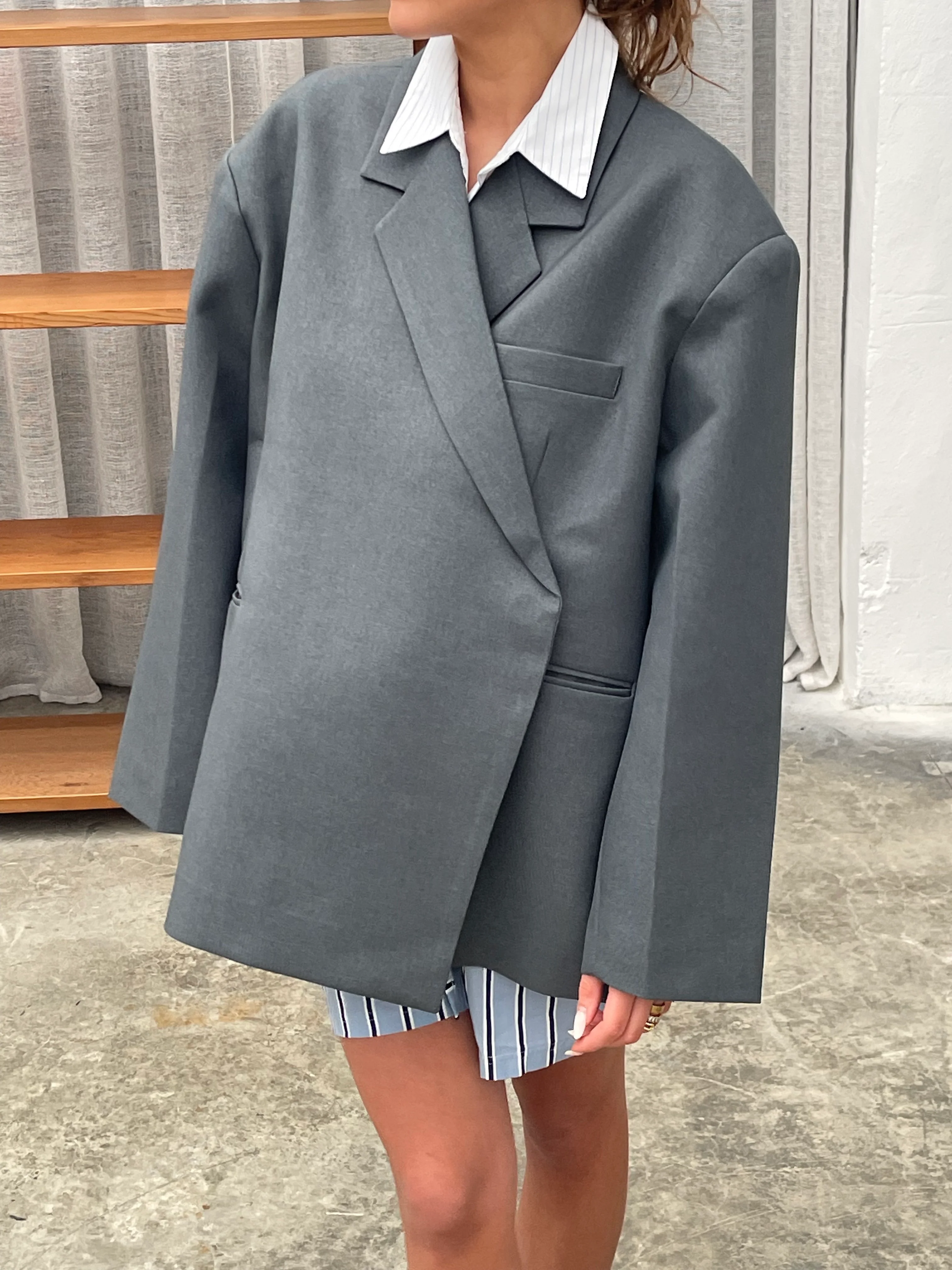 Oversized Side Slit Blazer Steel Blue - Image 9