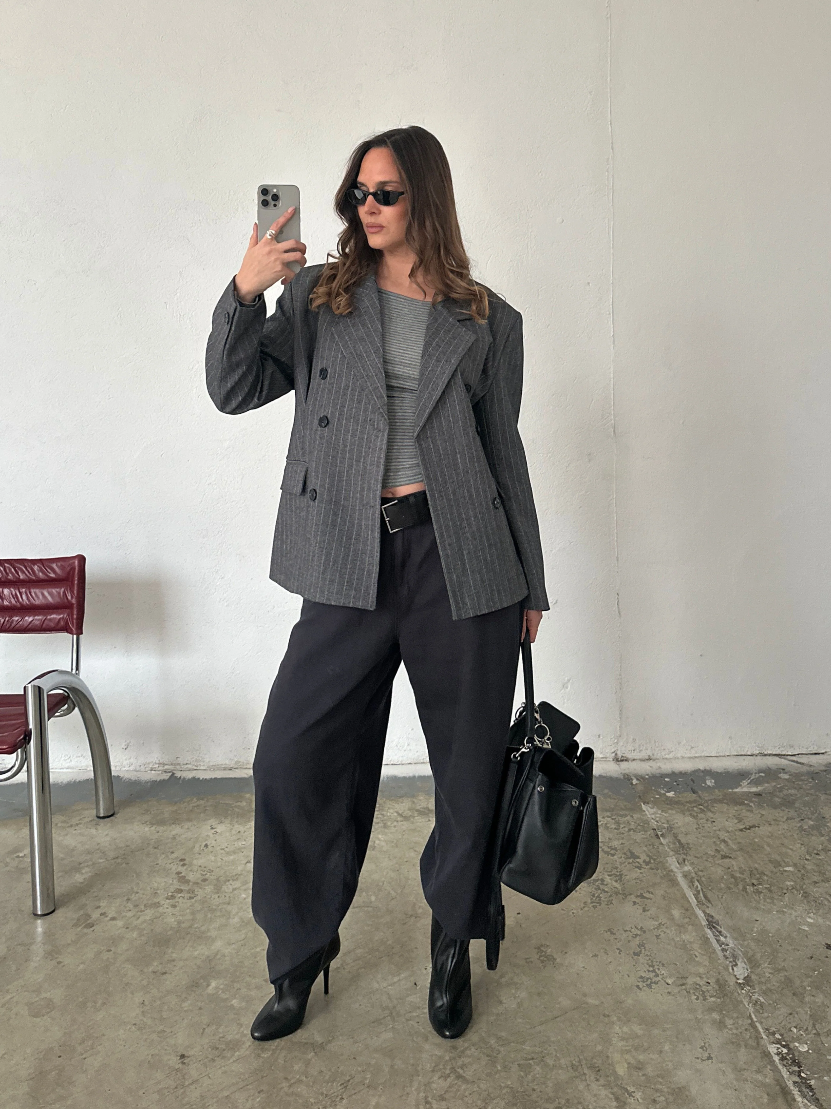 Pinstriped Cinched Blazer Grey Melange - Image 13