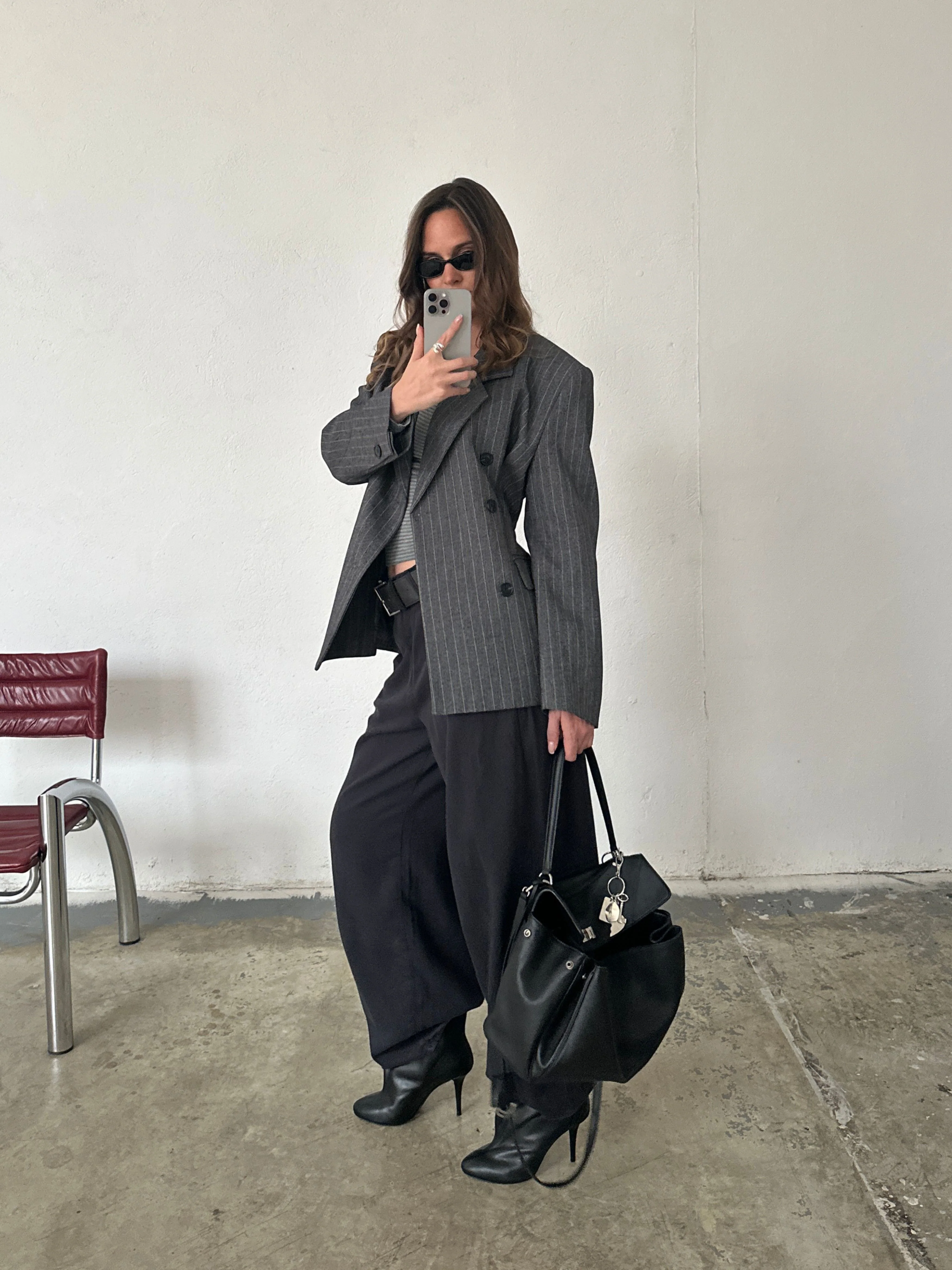 Pinstriped Cinched Blazer Grey Melange - Image 15