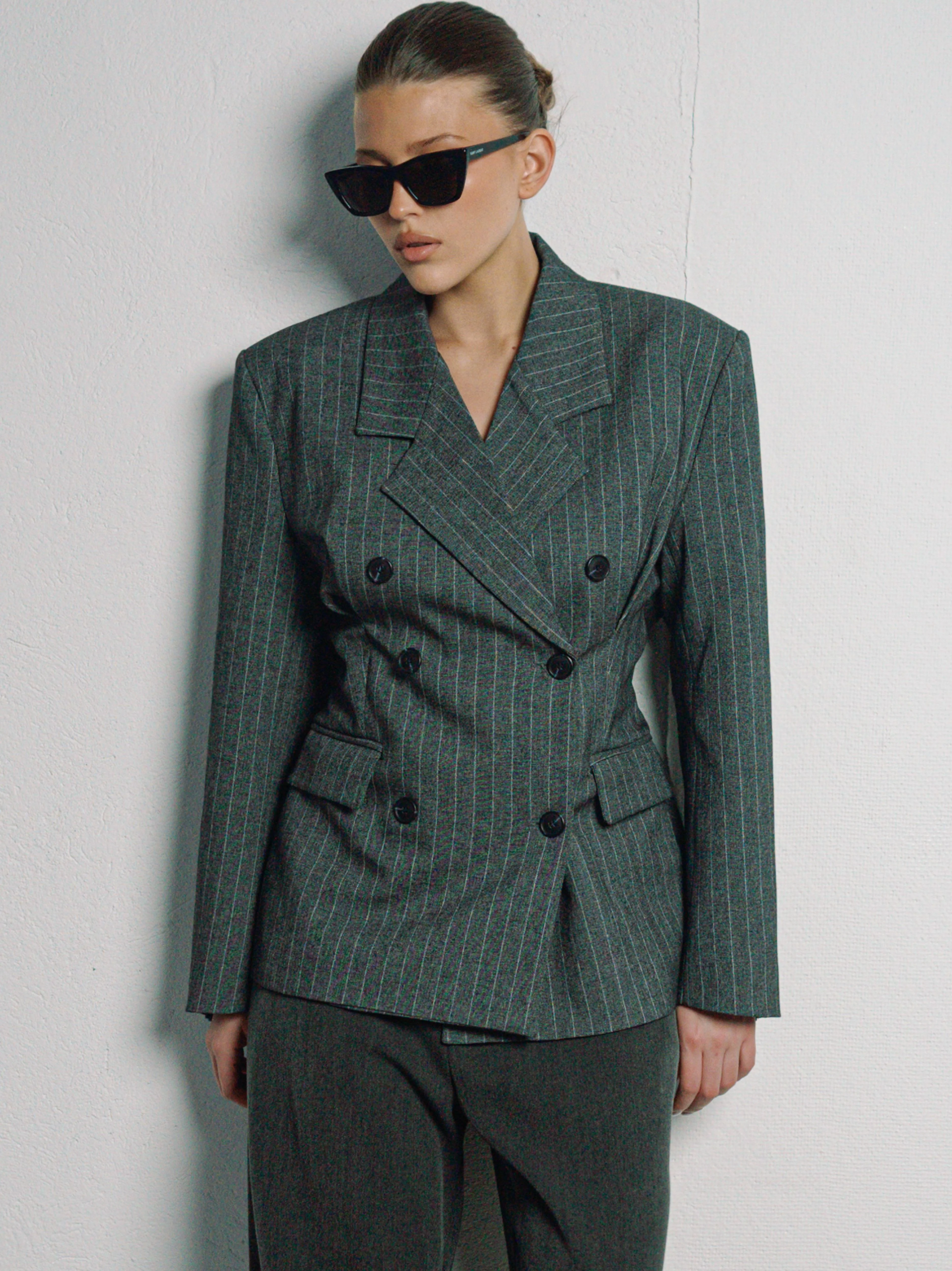 Pinstriped Cinched Blazer Grey Melange - Image 5