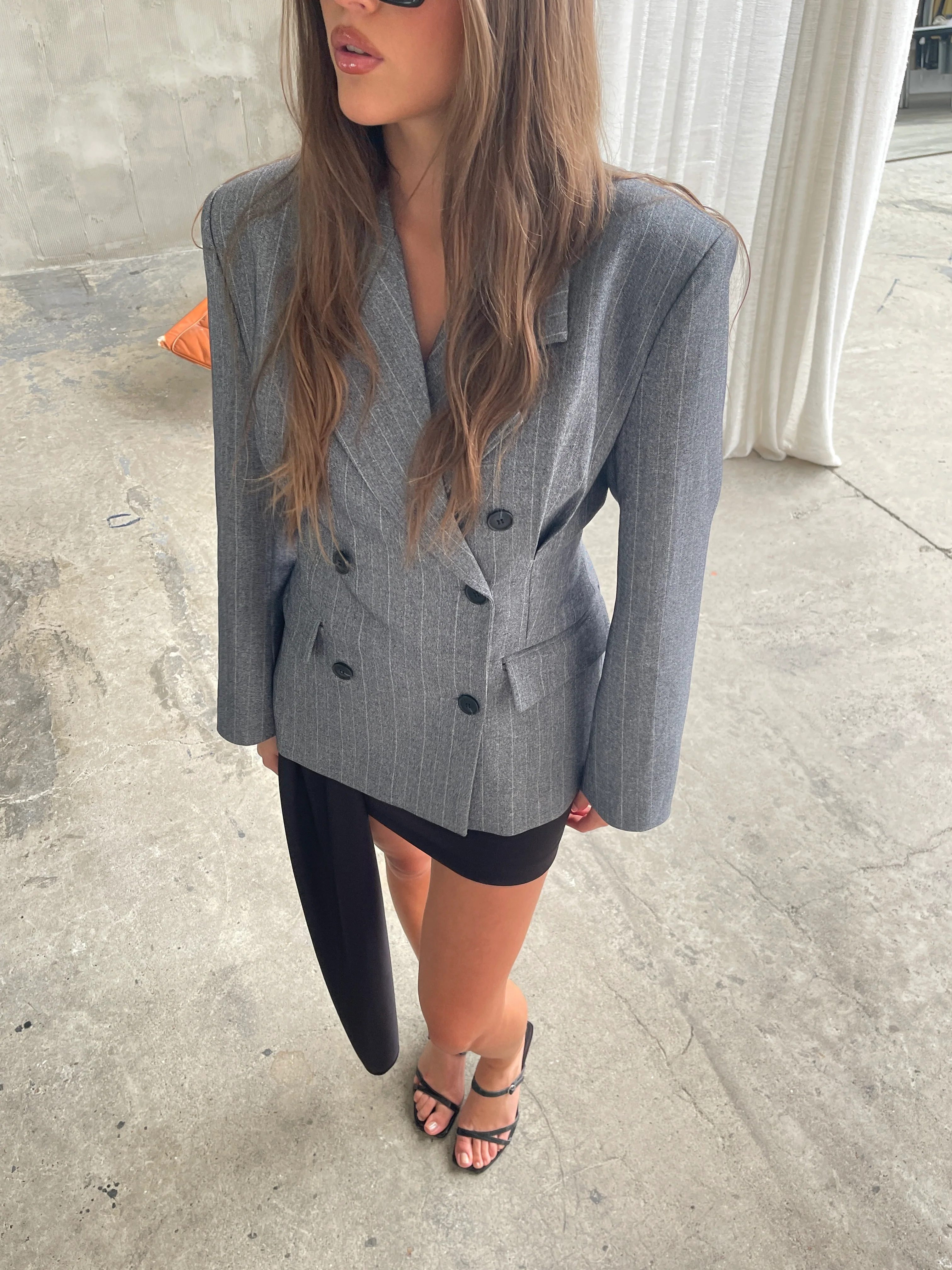 Pinstriped Cinched Blazer Grey Melange - Image 8