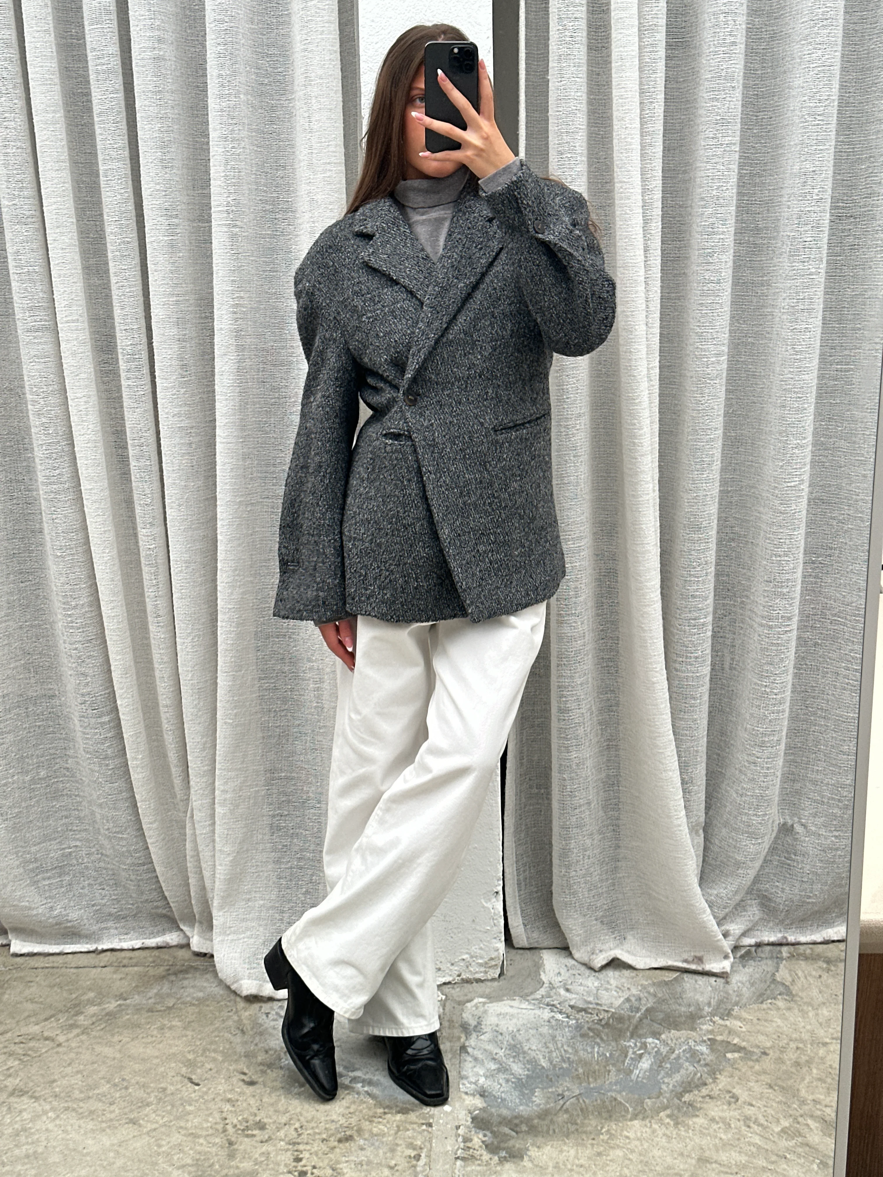 Textured Buttoned Blazer Dark Grey - Image 11