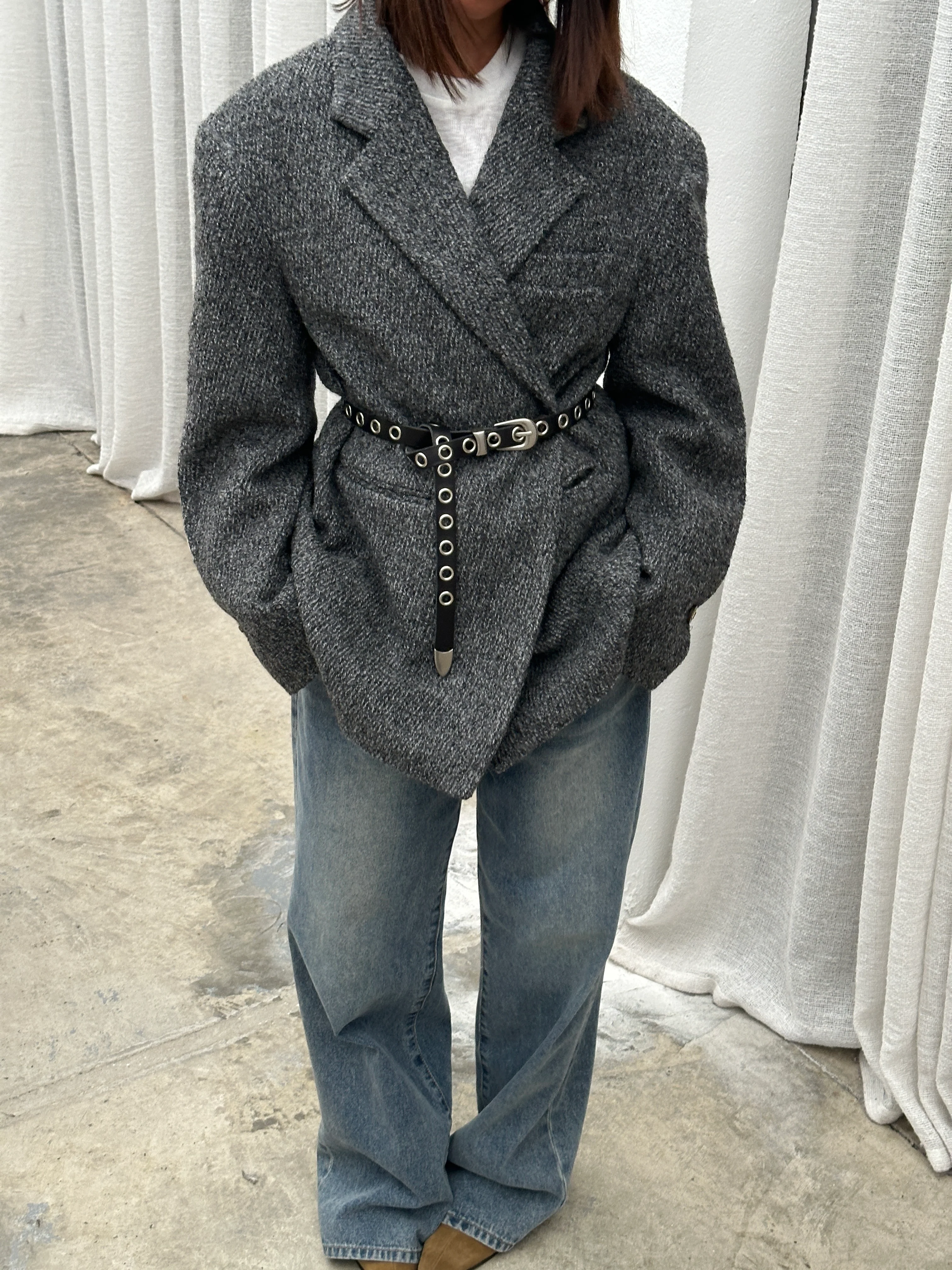 Textured Buttoned Blazer Dark Grey - Image 6