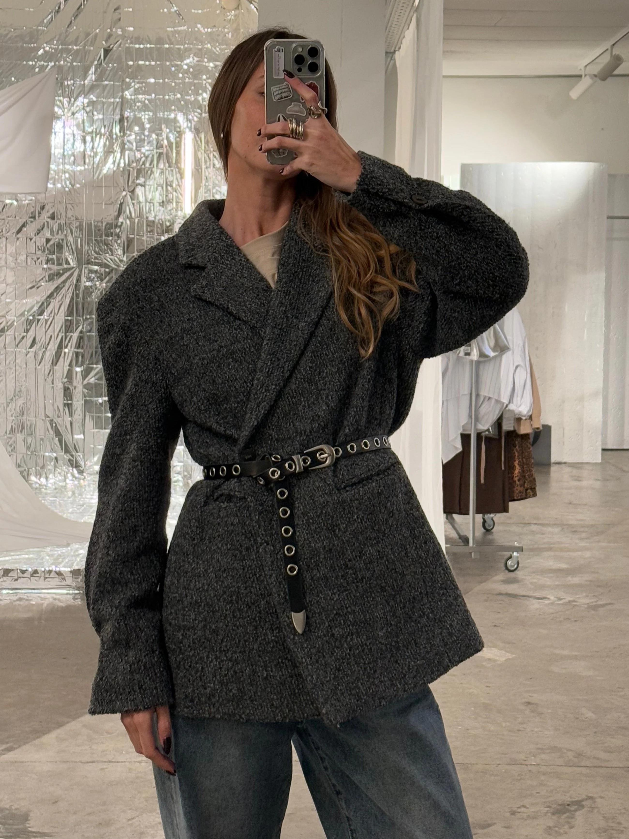 Textured Buttoned Blazer Dark Grey - Image 7
